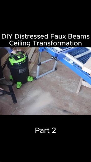 DIY Distressed Faux Beams Ceiling Transformation