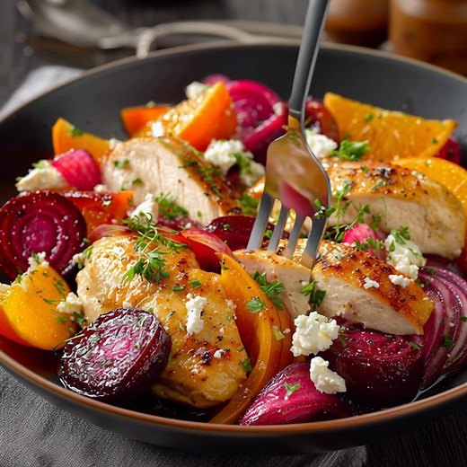 Poulet orange radis betteraves Liste des ingrédients → Produits frais 450 g de radis, divisés en morceaux 340 g de betteraves rouges ou jaunes, rincées, coupées à 3 mm d'épaisseur 2 oranges, bien lavées 675 g de filets de poulet sans peau ni os, tranchés dans l’épaisseur 1 prune dénoyautée et coupée en fines lamelles .... 𝐋𝐚 𝐫𝐞𝐜𝐞𝐭𝐭𝐞 𝐜𝐨𝐦𝐩𝐥è𝐭𝐞 👇👇👇 | Recette Express