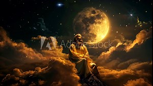 Nighttime Ascension: Lord Jesus' Divine Sojourn on a Seraphic Cloud. Seamless looping time-lapse virtual 4k video animation background