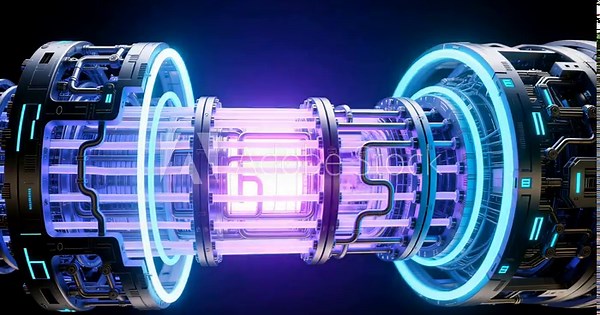 Micro reactor core close up with glowing neutron shield. Futuristic nuclear technology cylinder with cooling channels and schematic lighting for science energy concept. vídeo de Stock