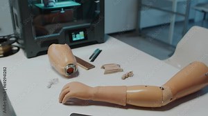 Interior of hi-tech laboratory with 3D printing machine creating prosthetics for people with disabilities