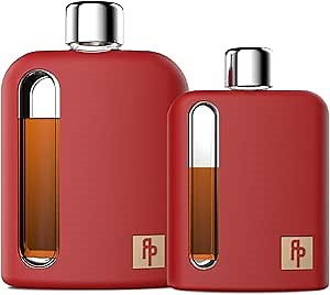 Ragproper Modern Glass Hip Flask for Men | Cork & Silicone Lid Liners | Firm Grip | Curved Edges | Durable Silicone Covered Flask for Whiskey | Liquor | Sprits | 100ml Single+ 240ml Double | Red