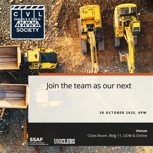 👋 Just a reminder that our AGM is coming up soon and registrations are still open! We’re electing our 2026 UOW Civil Engineering Society Committee, including President, Vice President, Treasurer, Secretary, Events Coordinator, and more - and we’d love to see new faces step up 💪 If you’ve ever thought about getting involved, this is your moment to join the team that makes everything from SMI Night to bowls and site visits happen! 📅 Date/Time: 30/10 - 6pm 📍 Location: Clubs Room and Online 🔗 R