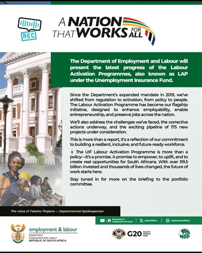 11 reactions | The Department of Employment and Labour, through the Unemployment Insurance Fund (UIF), is today presenting to portfolio committee on Employment and Labour a comprehensive update to showcase the progress and impact of its flagship Labour Activation Programme (LAP). #Yazini | Department of Employment and Labour | Facebook