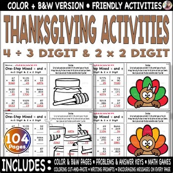 Thanksgiving | One step Mult, Div 4 ÷ 3, 2 x 2 Digit, Solve, Games, Color,number