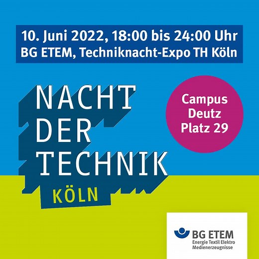 Technik sehen, verstehen und erleben – die BG ETEM ist bei der 8. Nacht der Technik am 10. Juni mit einem ihrer drei Schulungswagen dabei. Der Schulungswagen steht auf dem Campus Deutz der TH Köln (Platz 29). Auf dem Programm stehen die „Gefahren des elektrischen Stroms“ und der Experimentalvortrag „Gefahrstoffe“. Wir freuen uns auf zahlreiche Besucherinnen und Besucher. Mehr Informationen gibt es unter: https://fcld.ly/drf0pbr Im Sinne der Barrierefreiheit: Zu sehen ist das Logo der Messe Nacht