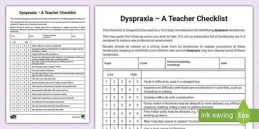 Developmental Coordination Disorder (DCD), Also Known As Dyspraxia, Initial Screening Checklist