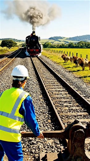 Railway Worker Operating Manual Lever as Train Stops for lions Crossing