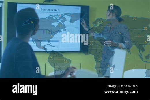 Woman presenter holding tablet and pointing at display, showing global business map and charts. Corporate, collaboration, analytics, innovation, technology, professional, teamwork Stock Video Footage - Alamy
