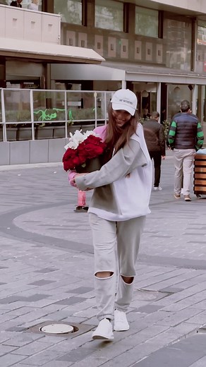 Urban Walk with a Beautiful Flower Bouquet