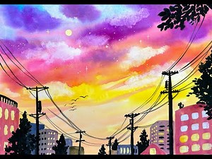 小学生でも簡単に描ける水彩画ー夕暮れの街並み、空の色のグラデーションを練習してみよう！