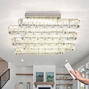 CXGLEAMING 20.4" Modern Crystal Chandeliers 6 Lights LED Flush Mount Ceiling Light with Remote Rectangle Crystal Close to Ceiling Lights Fixture for Living Room Bedroom (Dimmable)