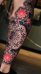 7.2K views · 1.1K reactions | First session using red ink today! Already starting to plan how it’s going to flow with the other leg 例 Done using @allegoryink @masttattoo.official @inkedhaus products . #tattoostencil #geometricart #mandalatattoo #houstontattooartist | Wesche Tattoo | Facebook