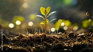 Seedling are growing from the rich soil to the morning sunlight that is shining, seedling, cultivation. agriculture, horticulture. plant growth evolution from seed to sapling, ecology concept. Young p