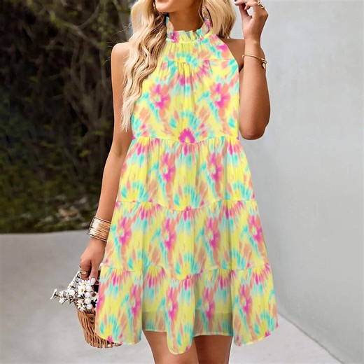 Tie Dye Halter Neck Summer Dress, Colorful Festival Sundress for Women, Beach Vacation Outfit, Sleeveless A Line Dress - Etsy