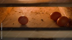 Egg collector with chicken eggs, close-up. A hand opens an egg collector and collects home fresh eggs