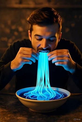 Man eats noodles that glow blue 🫨😱 #ai #noodles #trending