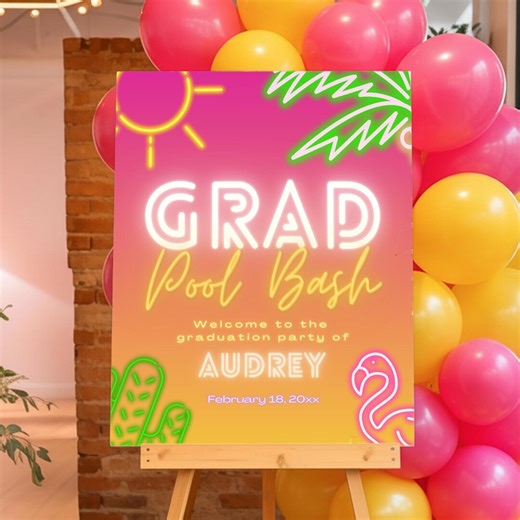 Graduation Pool Party Neon Editable Welcome Sign Canva Template - Pink Yellow - Summer - Instant Download - Printable - Etsy