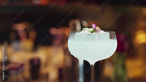 Closeup mixed creamy vodka cocktail glass decorated flower preparation, making special drink menu to VIP guest at front bar luxury. Special refresh drink showcasing nightlife at nightclub. Vinosity.