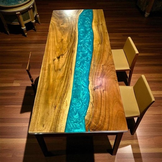 Handmade Live Edge Dining Table | Solid Wood Turquoise Epoxy River Furniture - Etsy