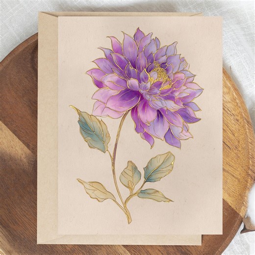 Vintage Purple and Gold Dahlia Greeting Card: Vintage Rustic Floral Note Card on Heavy Cardstock, Thank You Card, Birthday Stationary - Etsy