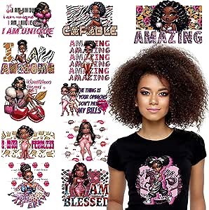 Black Women Iron on Transfers - 12 Sheets Black Girl Dtf Transfers Ready to Press DTF Heat Transfer Vinyl Stickers Inspirational Quotes Iron on Decals for Clothing T Shirts Hoodie DIY Crafts