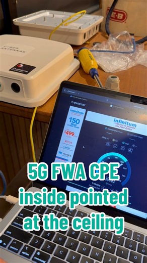 Cyber Antennas 5G FWA CPE inside pointed at the ceiling still pulling more than 300 Mbps down. 😁 #wisp #5G #fwa | David Dean