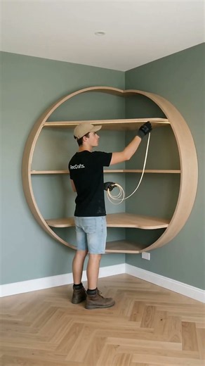 Empty Corner → CIRCULAR LED Home Office! 🪵✨ Corner Desk & Shelf Build DIY #shorts #diy