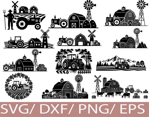 Farm Scene SVG Bundle | Tractor Barn Windmill Silhouettes | Rural Country Farm Cut Files - Etsy