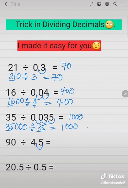This video illustrates how to divide decimals easily.#mathtrick #mathtutor #decimals #dividingdecimals #dividingdecimalnumbers #dividingdecimals #elementarymath #elementarylesson #foryou #foryoupage #foryourpage #fyp #learningmathematics #maths #tiktokmathquiz