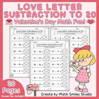 Valentine Subtraction to 20 | Love Letter Math Worksheets | 1st-2nd Grade
