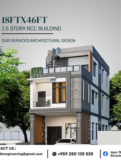 18ftx46ft 2.5 story RCC Residential Building Architectural Design Project Facebook Page Link: https://www.facebook.com/heinthu.aung8/ Our available design services: -Architectural Design -Structural Design -Interior Design -Landscape Design -Estimate -Rendering & Visualization #architecture #interiordesign #homedesign #decoration #structuralengeneering #renovation #construction