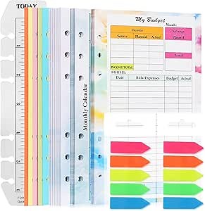 Toplive 7 Pack A5 Planner Inserts Monthly Weekly Planner Refills Paper 6 Ring Expense Budget Sheets with Cash Envelopes Divider Ruler Stickers, for A5 Planner Binder Cover, Colorful
