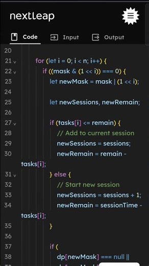Minimum Work Sessions to Finish Tasks | Bitmask DP JavaScript Solution | LeetCode Explained