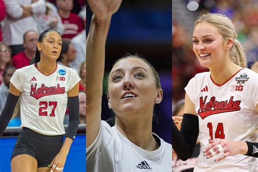 Harper Murray reacts as Jordan Larson, Ally Batenhorst, Lindsay Krause, Kelly Hunter, and others set to compete in Nebraska Volleyball alumni match