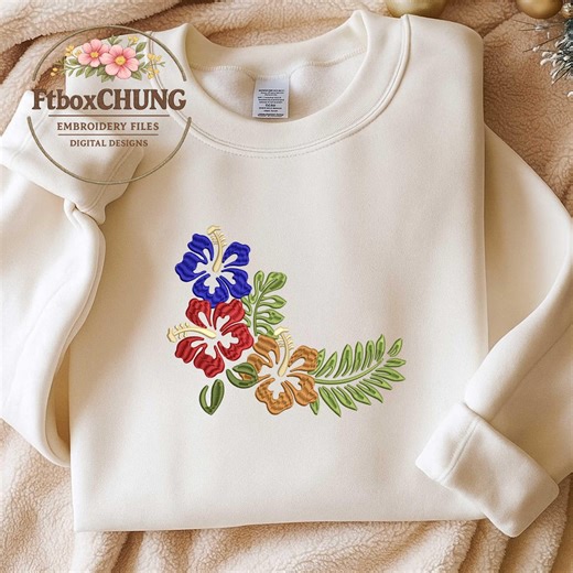 Hibiscus Flower Embroidery Design, Tropical Floral Bouquet With Leaves Colorful Style, Summer Beach Theme - Etsy