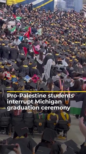Dozens of Pro-Palestine graduates interrupted their commencement ceremony at the University of Michigan to call for an end to the war on Gaza and to demand divestment from Israeli-linked firms. Some attendees yelled at them to stop. #news #graduation #michigan