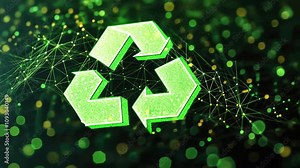 Green Technology: A 3D rendering of a green recycling symbol, embedded in a network of glowing lines, represents the interconnectedness of sustainability and technology.
