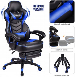 ELECWISH Racing Style Reclining Gaming Chair High Back Ergonomic Adjustable Swivel Computer Chair with Footrest Headrest and Lumbar Support PU Leather Executive Office Chair (Blue)