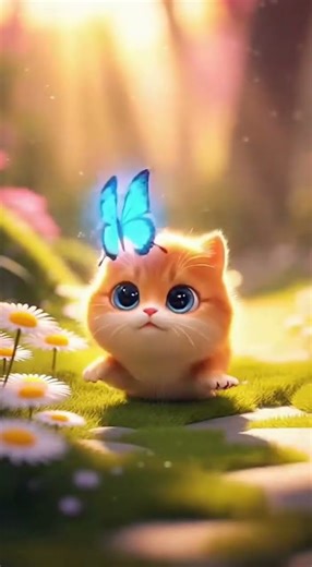 Cute cartoon kittens playing in a colorful garden, sunny day, #kitty #catbug #catie #cute