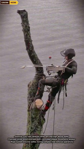 Arborist Safely Cuts Tree Using Chainsaw High Above Water