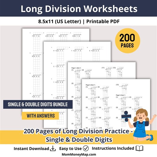 Long Division Worksheets Bundle Printable PDF | Single & Double Digit Division Practice | 200 Page Math Workbook | Grade 4-5 Worksheets - Etsy