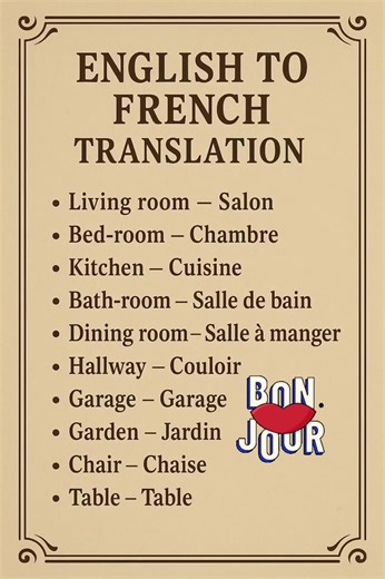 🗣️✨ English to French Translation – Home Vocabulary Edition! ✨🗣️ Explore essential household vocabulary with this beautifully designed French-themed guide. Whether you're learning French or teaching others, this elegant beige poster is perfect for boosting your everyday language skills. 📚 From Living room – Salon to Garden – Jardin, start mastering the basics with style! 🇬🇧 ➡️ 🇫🇷 Follow this page for more useful and beautifully presented language tools! #FrenchTranslation #LearnFrench #La