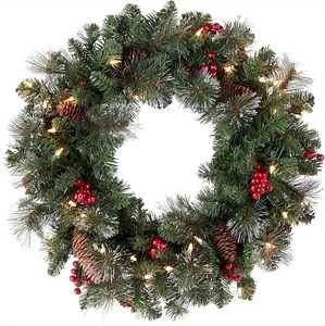 ASTRAEA Artificial Christmas Wreath, 24 inch Pre-Lit with Warm White LED Lights, Battery Operated, Indoor Outdoor Xmas Decor
