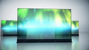 Presentation Of Three Flat Screens Translucent Tv From The Future Invisible Tv Oled Technology Plasma Displaying Idyllic Abstract Animation On A Screen Sleek Clean Seethrough New Technology