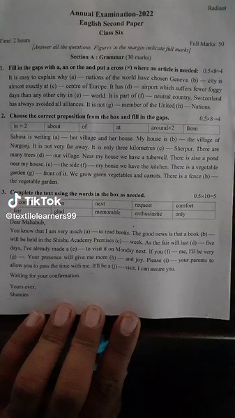 Class 6 English 2nd Paper Questions 2022