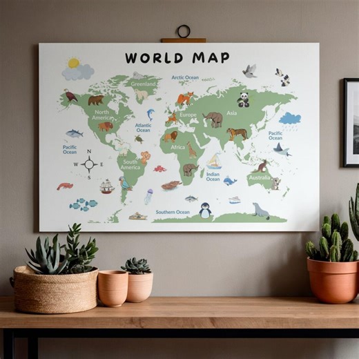 Kids World Map Poster – Animals Around the World | Cute Educational Nursery Map | Printable Children Wall Art - Etsy