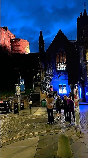 “Nighttime Magic: Edinburgh Castle & Colorful Victoria Street from Grassmarket”
