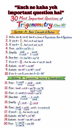 Prashant Antal on Instagram: "~30 questions of Trigonometry for you all 📐 And your fear of Trigonometry ends here 💯 Class 10 Trigonometry | 30 Most Important Questions Board-focused. Exam-ready. Student-approved. ‼️💥 Save this. Practice this. Score this. 🔖 COMMENT “TRIGO” FOR MORE✅ #cbse #students #youngminds #tuition #children"