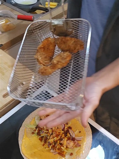 Crispy Chicken, Chorizo, Bacon and Cheese Wrap. Working on wrapping skills. I created monster because no one wants to see Chef Timbers indulge, im glutious, got pop belly. 😆 Bigger wraps needed. Improvised. #wrap #chef #fyp #chicken #hungry